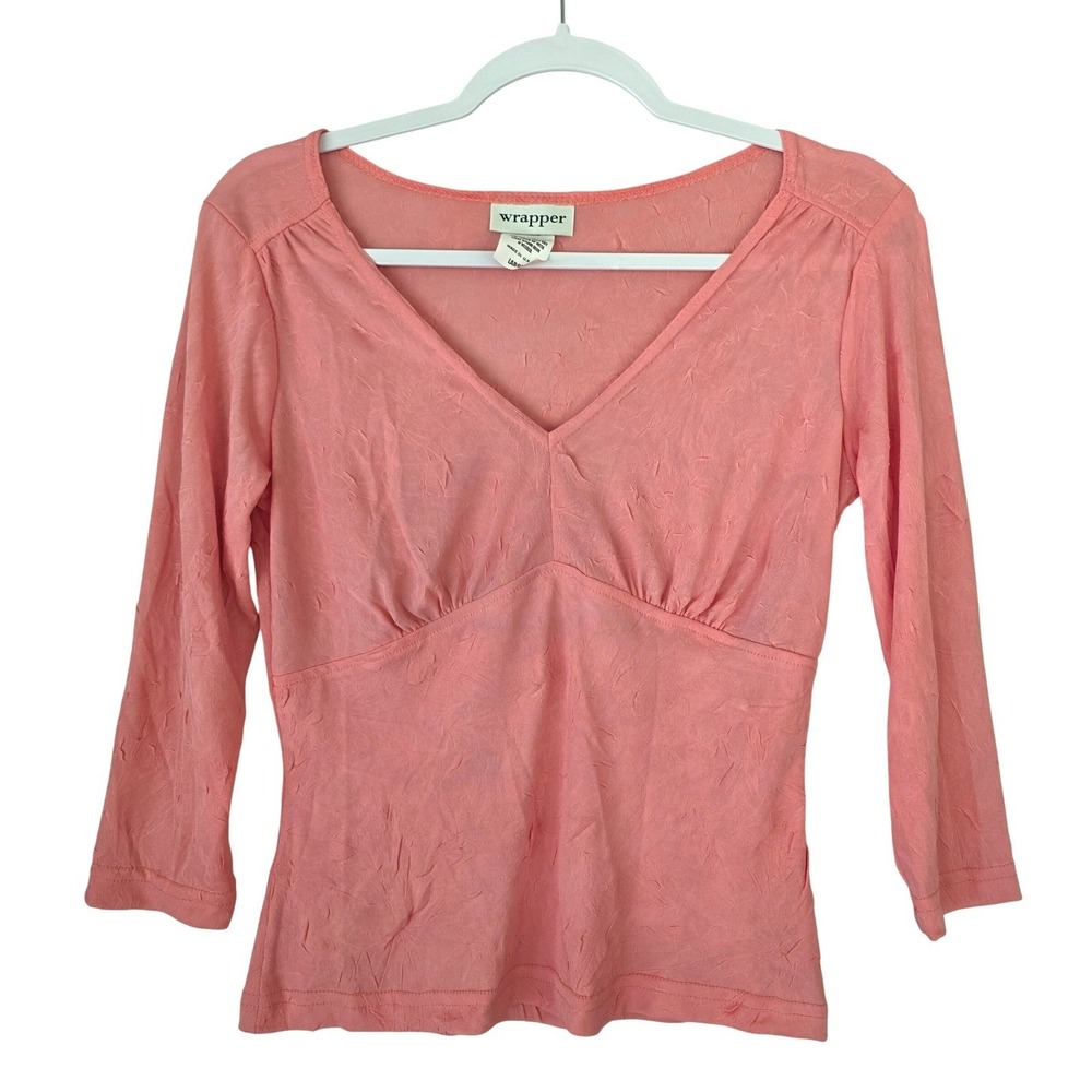 Y2K‎ Wrapper Crinkle Babydoll Top Womens L 3 Qtr Sleeve Empire Waist Coral USA